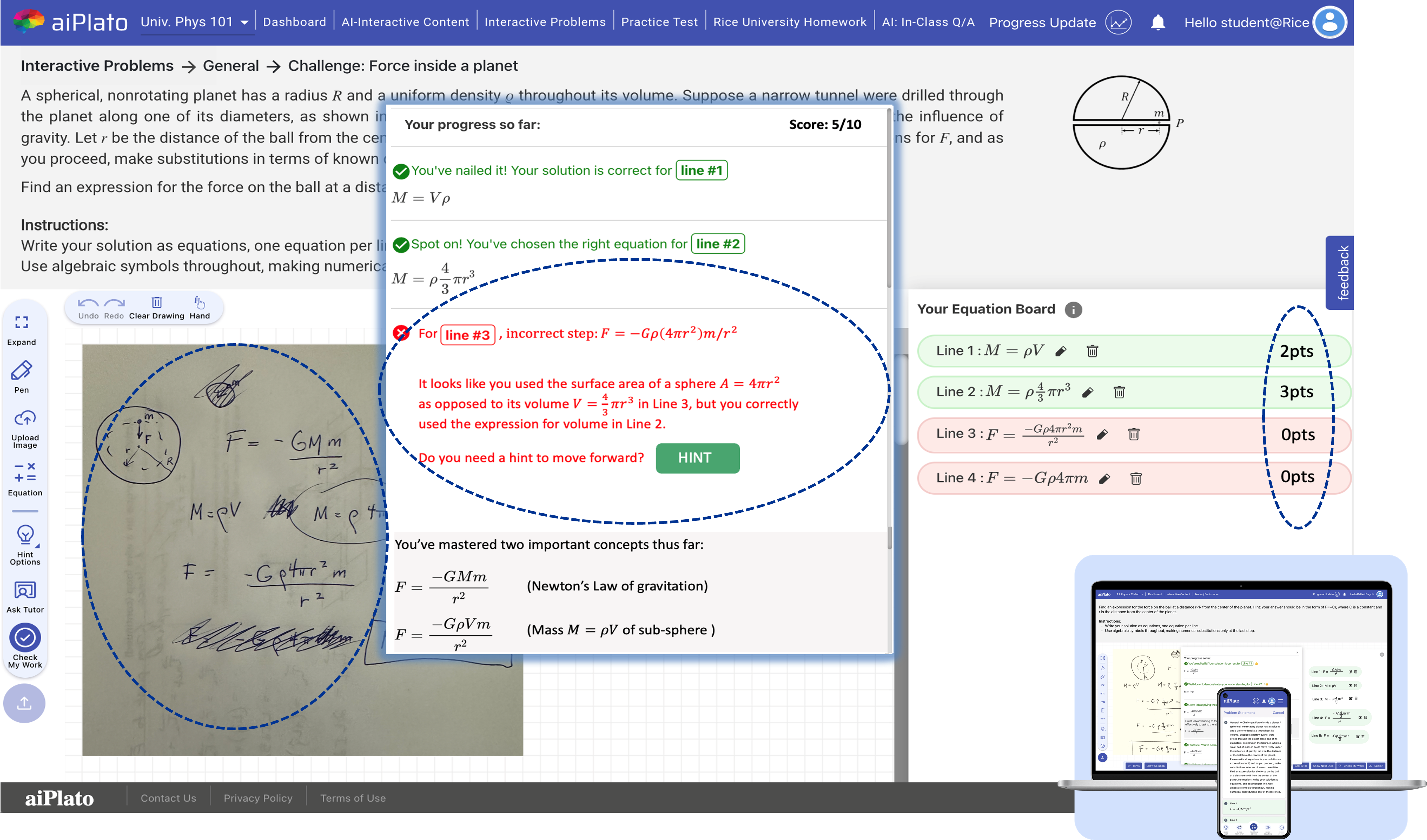 Step-by-step feedback on handwritten physics work